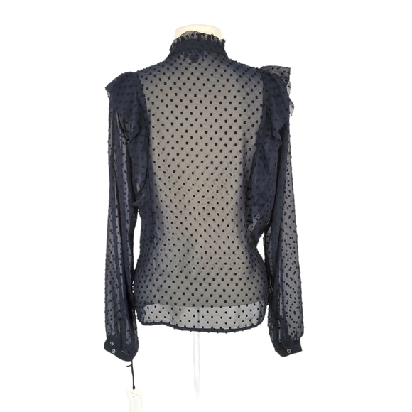 NWT Worth Navy Blue Sheer Swiss Dot Ruffle Blouse - Picture 3 of 6